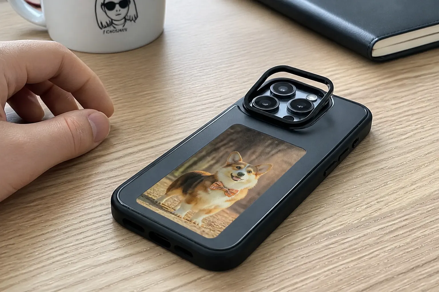 The DIY e-ink case shown protecting a phone with raised bezels and a shock-absorbing shell