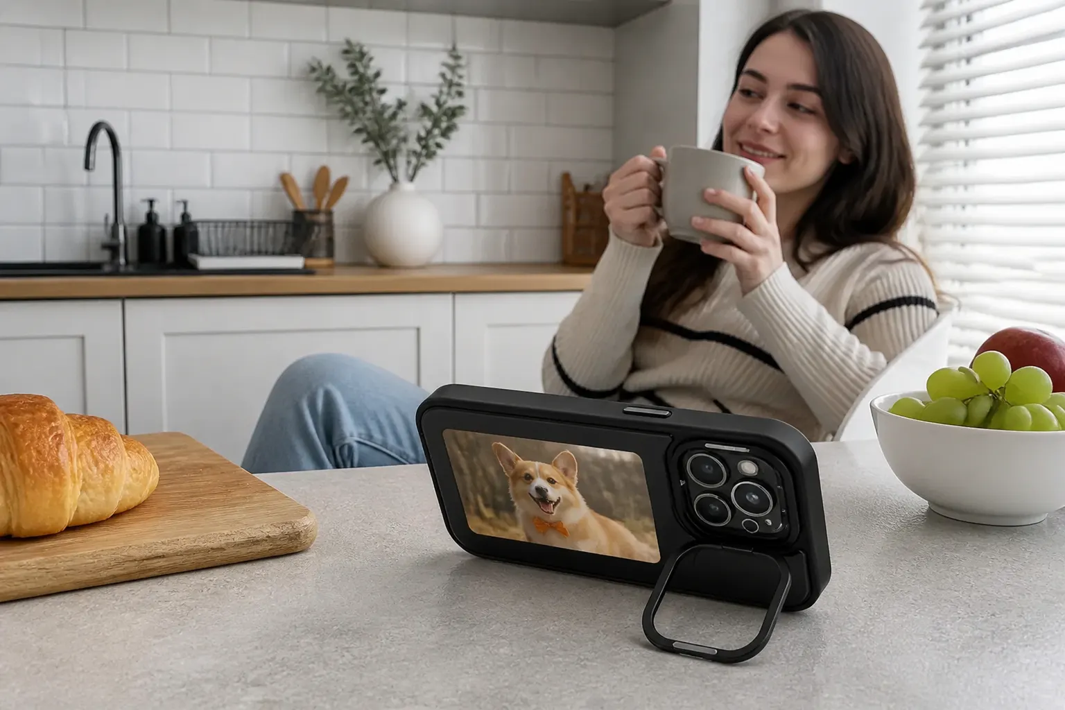The folding camera-ring kickstand propping the phone up on a desk