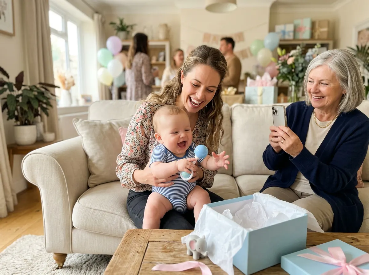 Grandmother giving the elephant plush as a gift