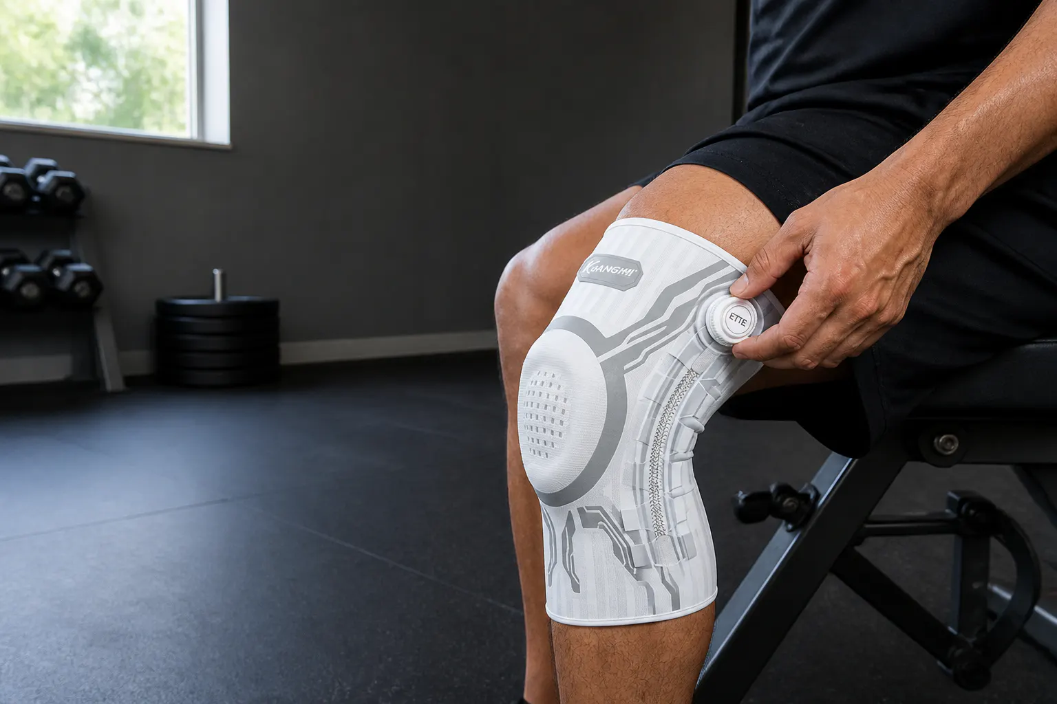 Person confidently wearing the knee brace outdoors