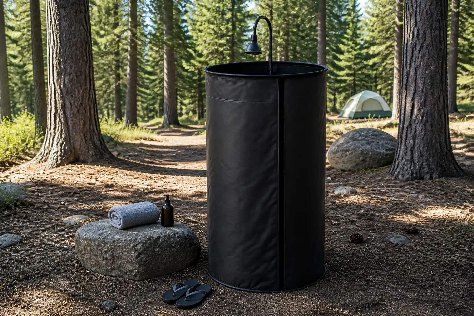 The tent set up as a rinse-off shower at a campsite