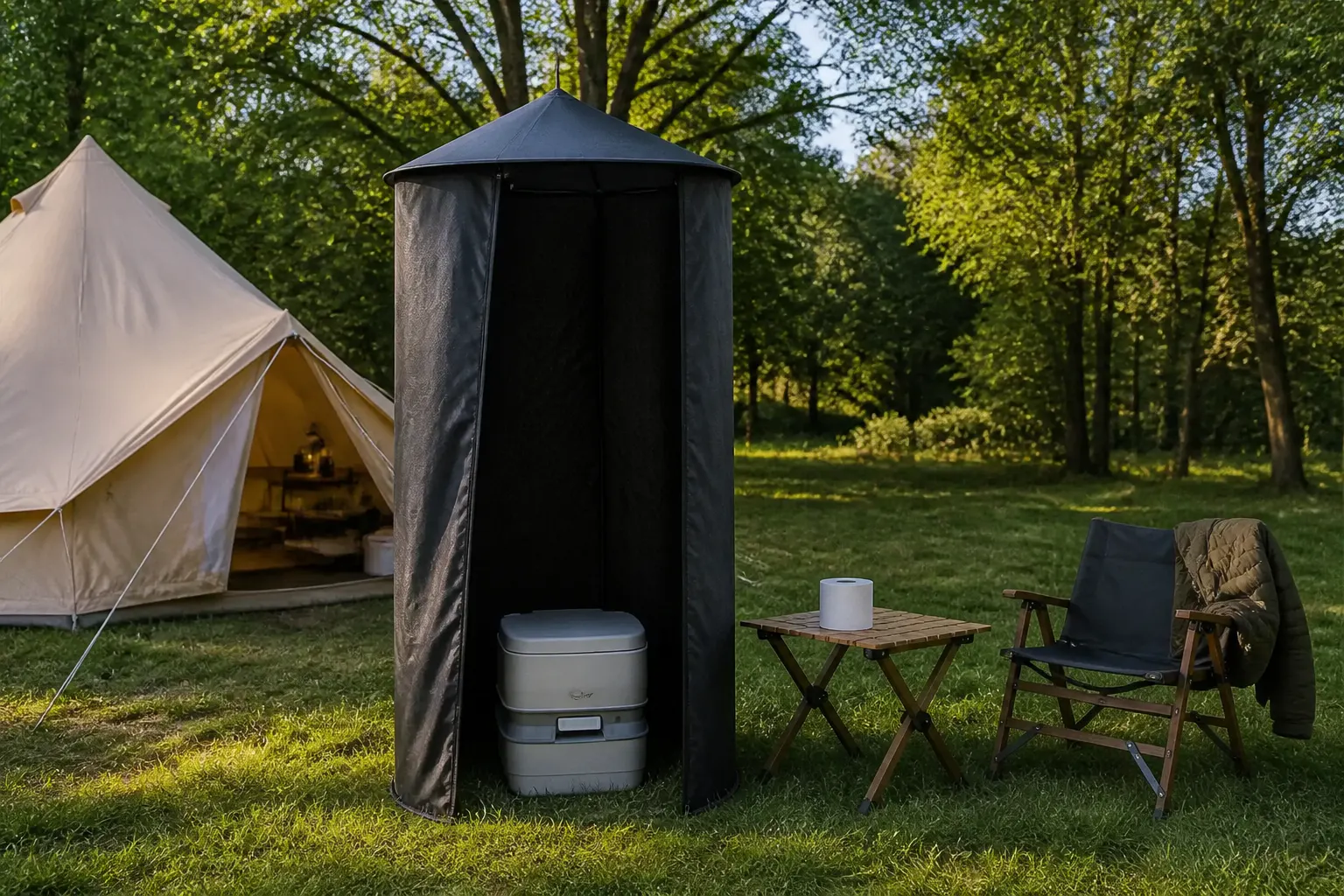 The tent standing over a portable toilet with the bottom removed