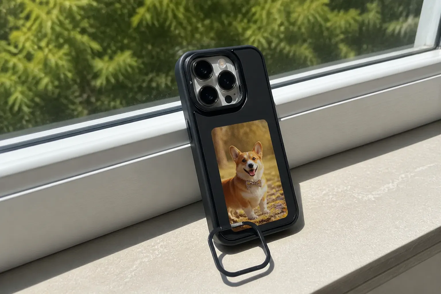 The e-ink phone case held outside in bright sunlight, image still clear and glare-free
