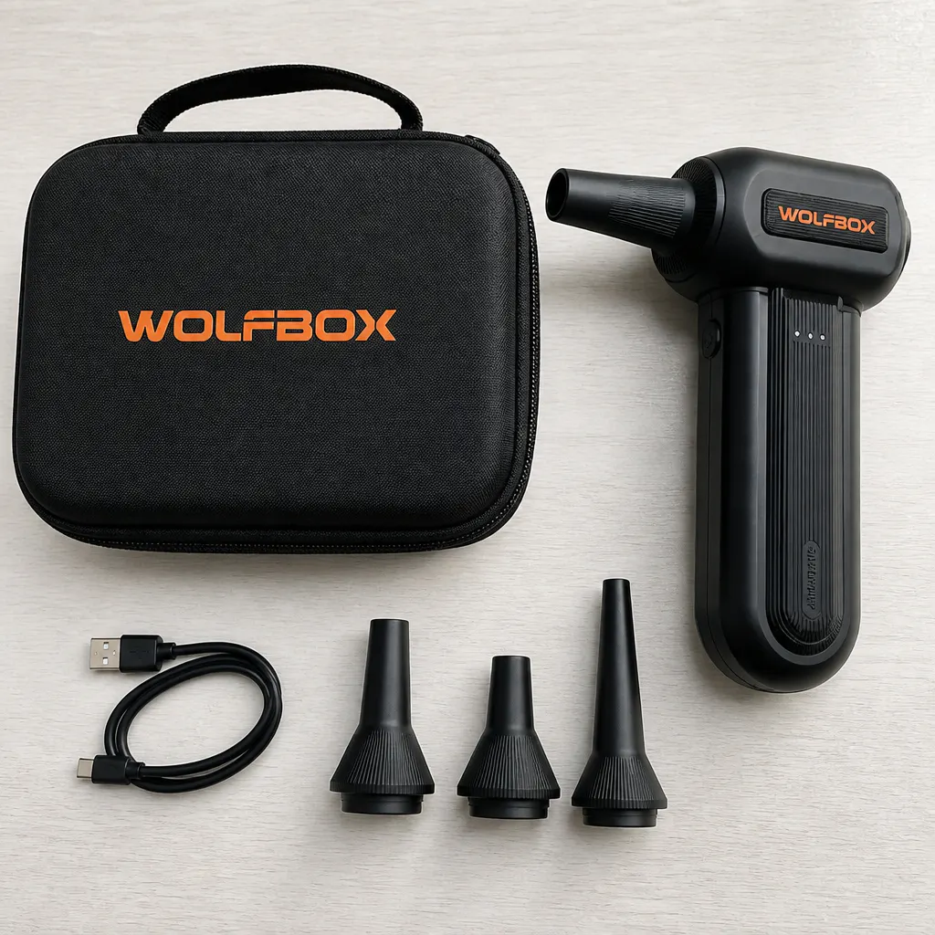 Compressed air duster with USB-C cable, nozzle tips and carrying case