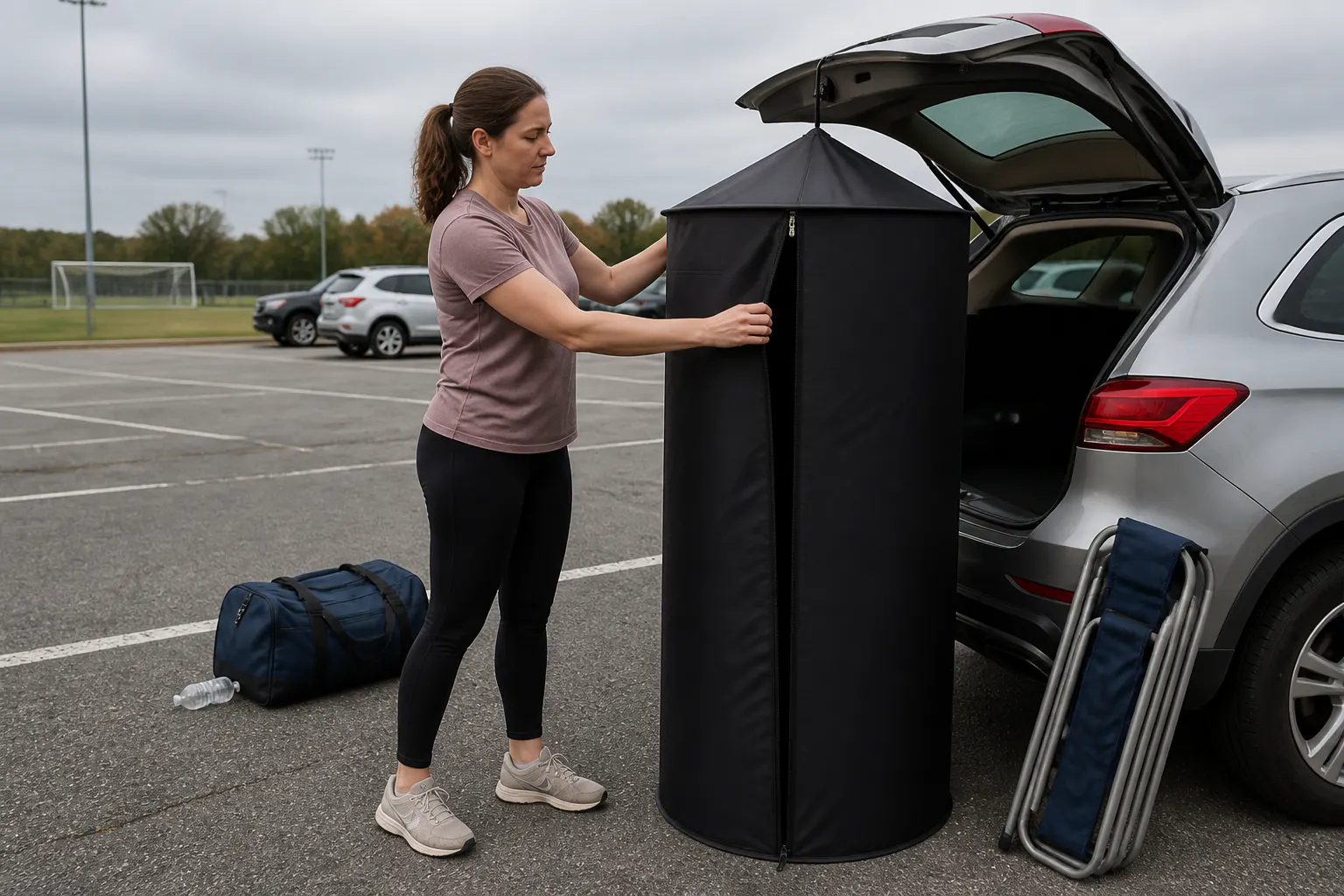 Tent clipped to an open SUV hatch at a soccer field, child stepping out changed