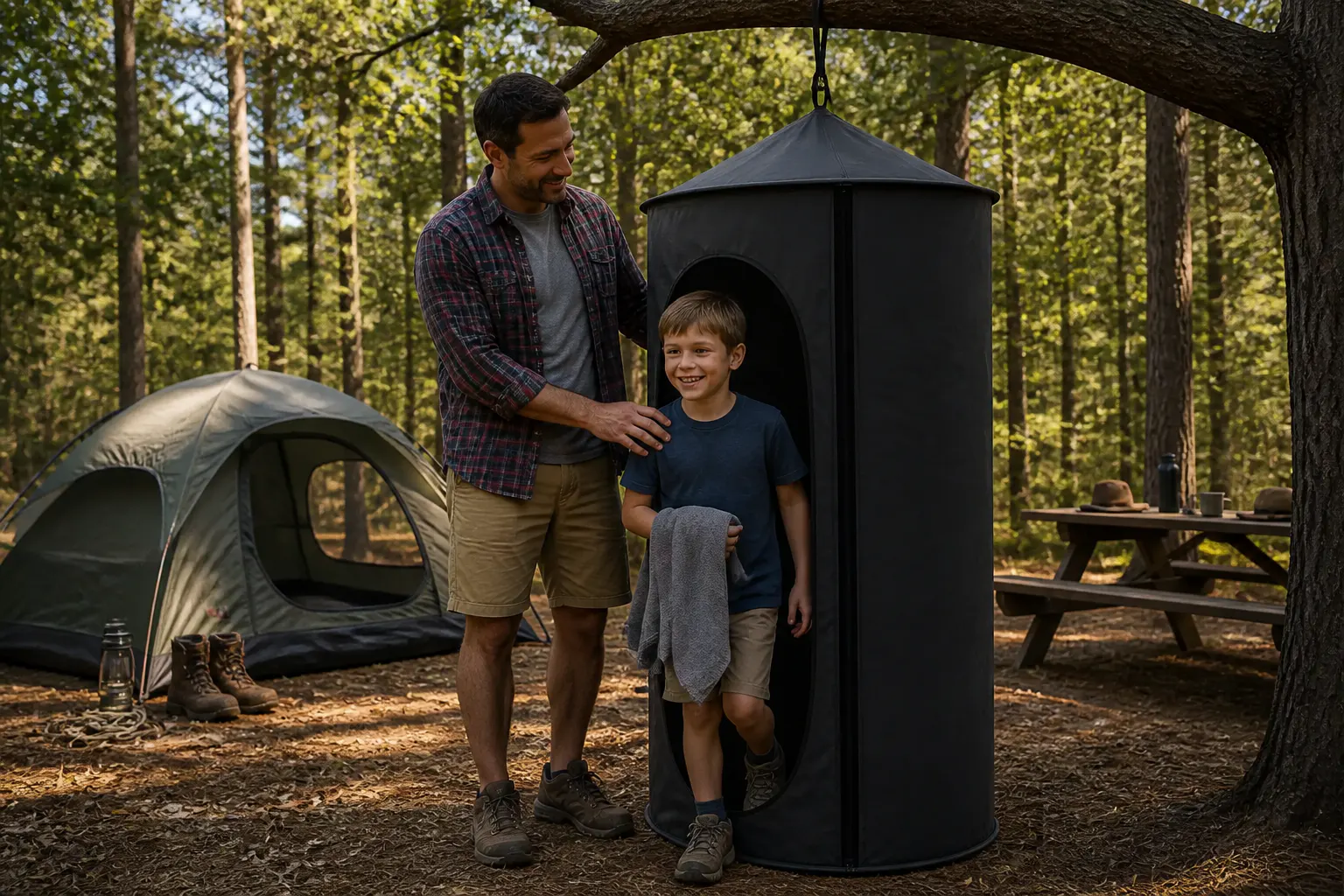 Tent hanging from a tree branch at a golden-hour campsite, adult standing full height inside