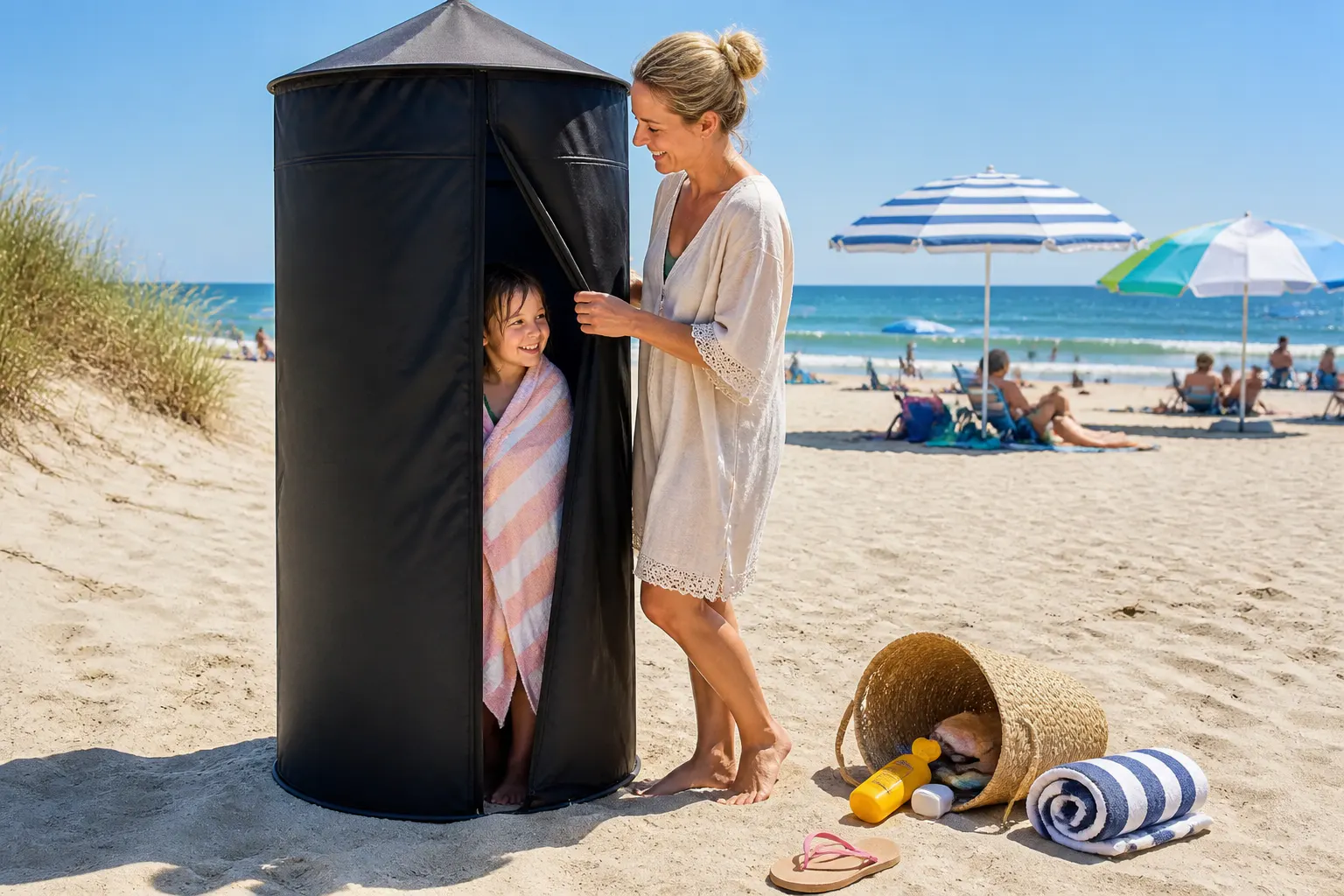 Tent standing freestanding on a bright beach, kid stepping out changed, adult beside it for scale