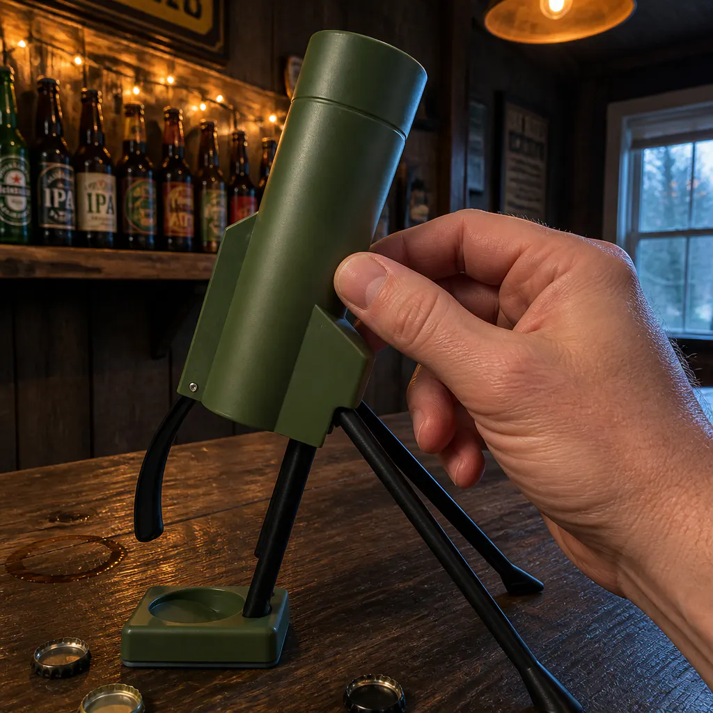 Close-up of the heavy-duty molded mortar body and stable tripod base
