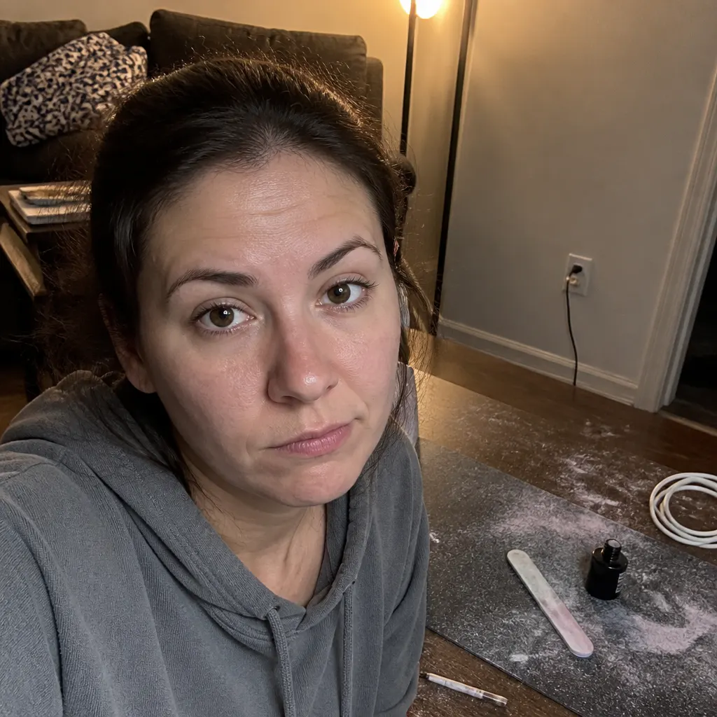 Fine white nail dust drifting across a desk, phone and coffee