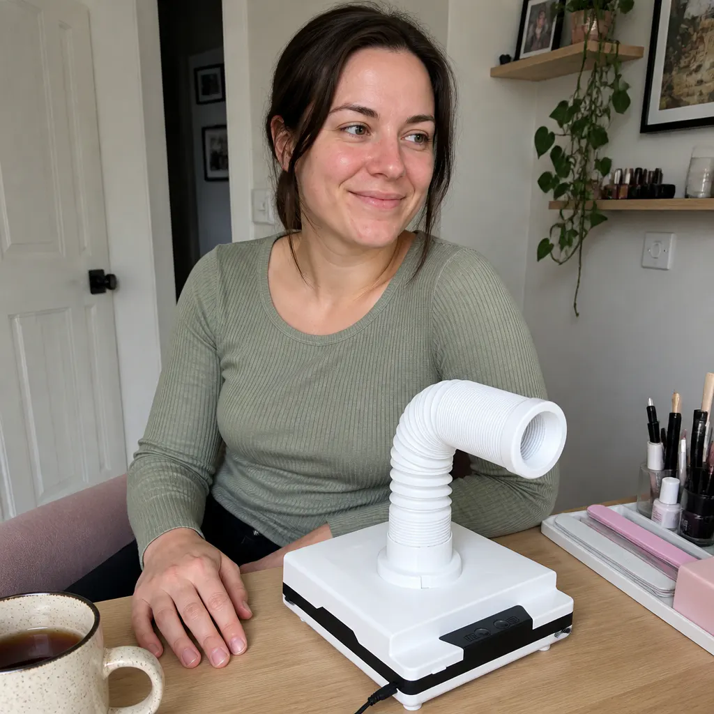A clean, tidy nail station with the Ventra unit capturing dust at the source