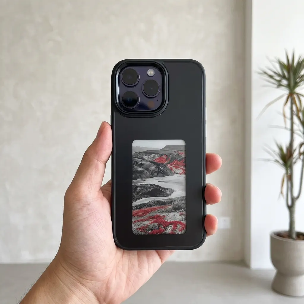 E-Ink phone case showing a custom image on the back, mid-swap