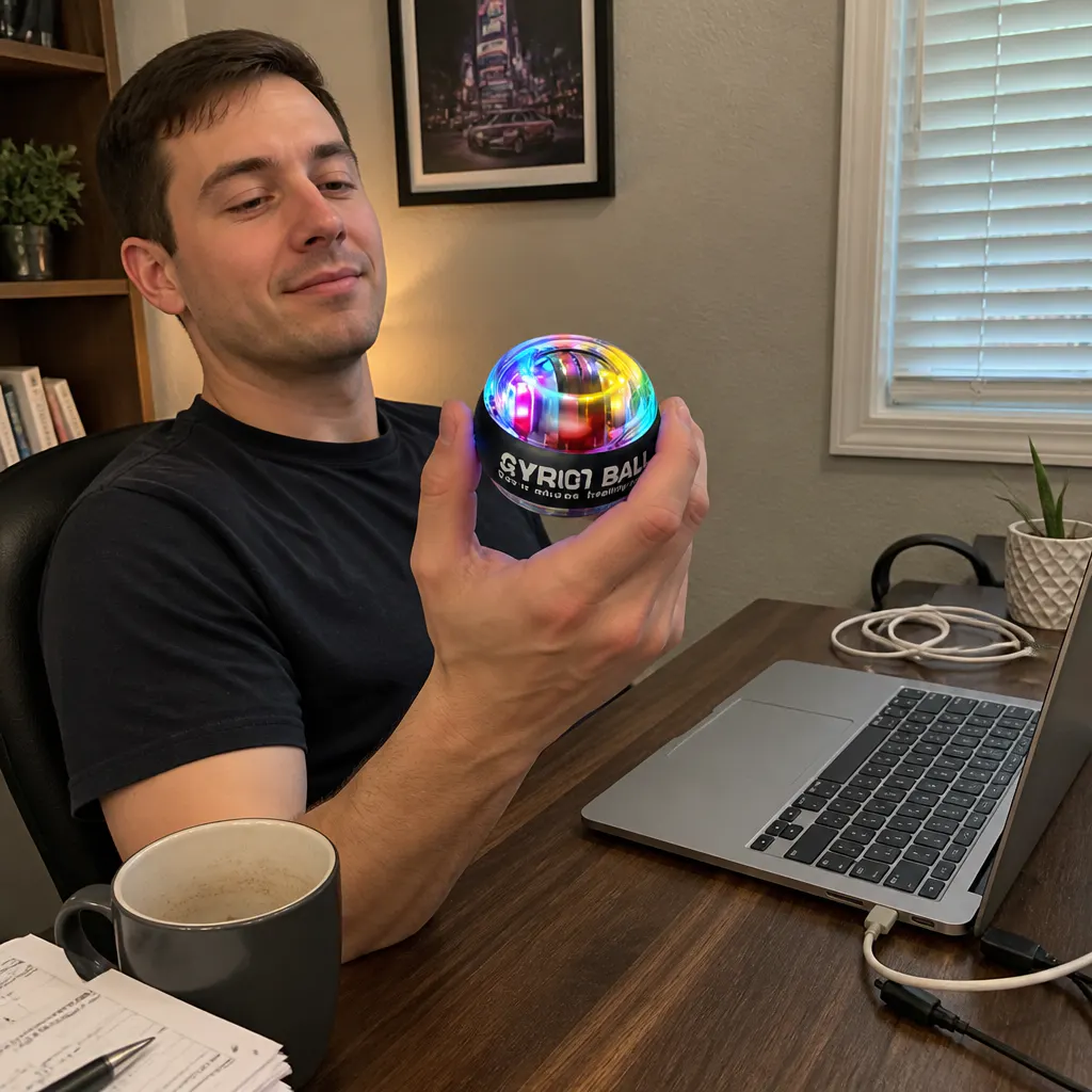 Torque Ball Hand Exerciser spinning in hand with LED glow