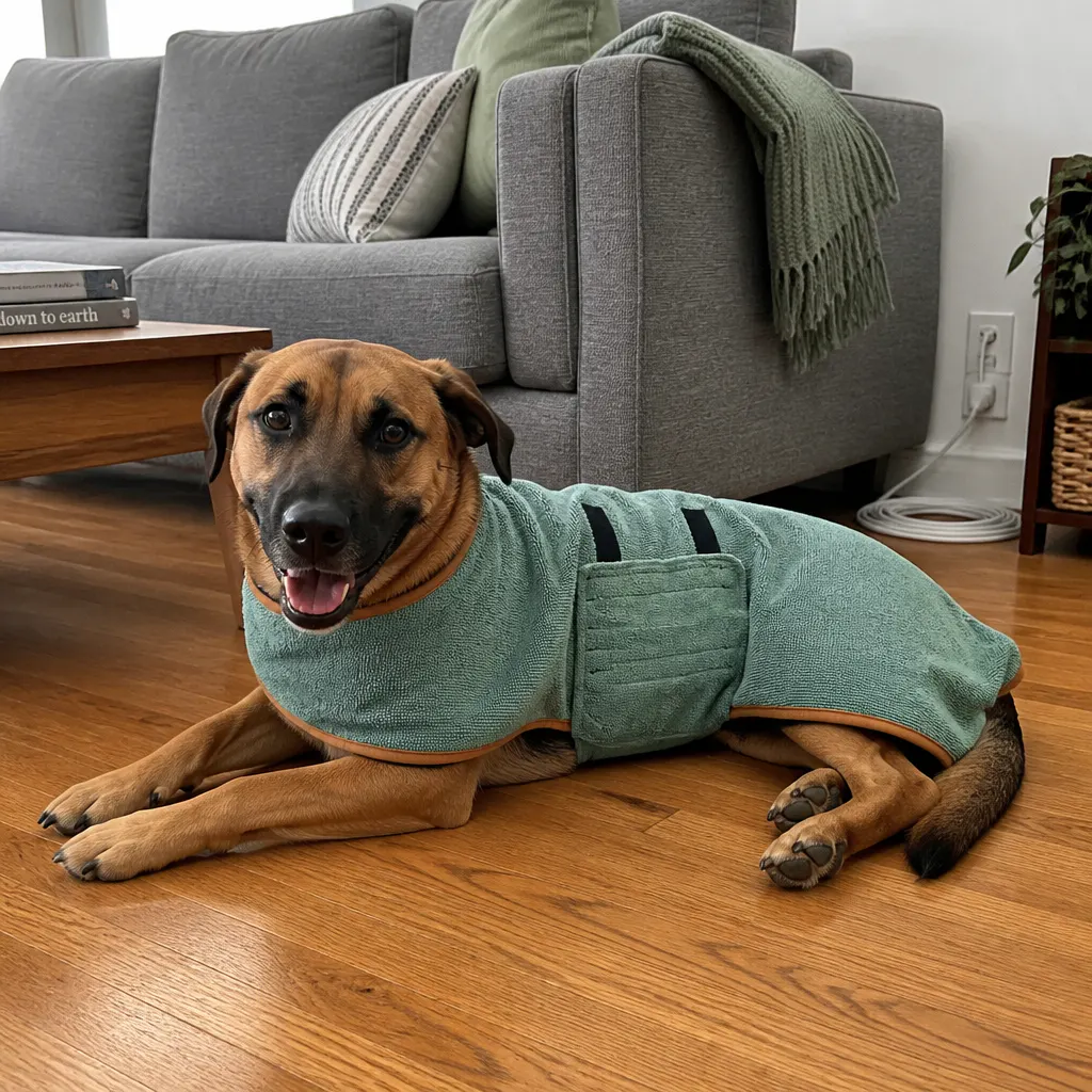Calm dog settled in a green Ventra drying robe on a dry floor