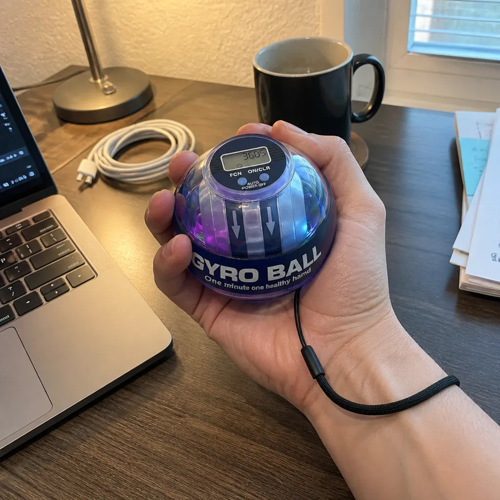 A hand gripping the Torque Ball mid-spin with the LED rotor glowing