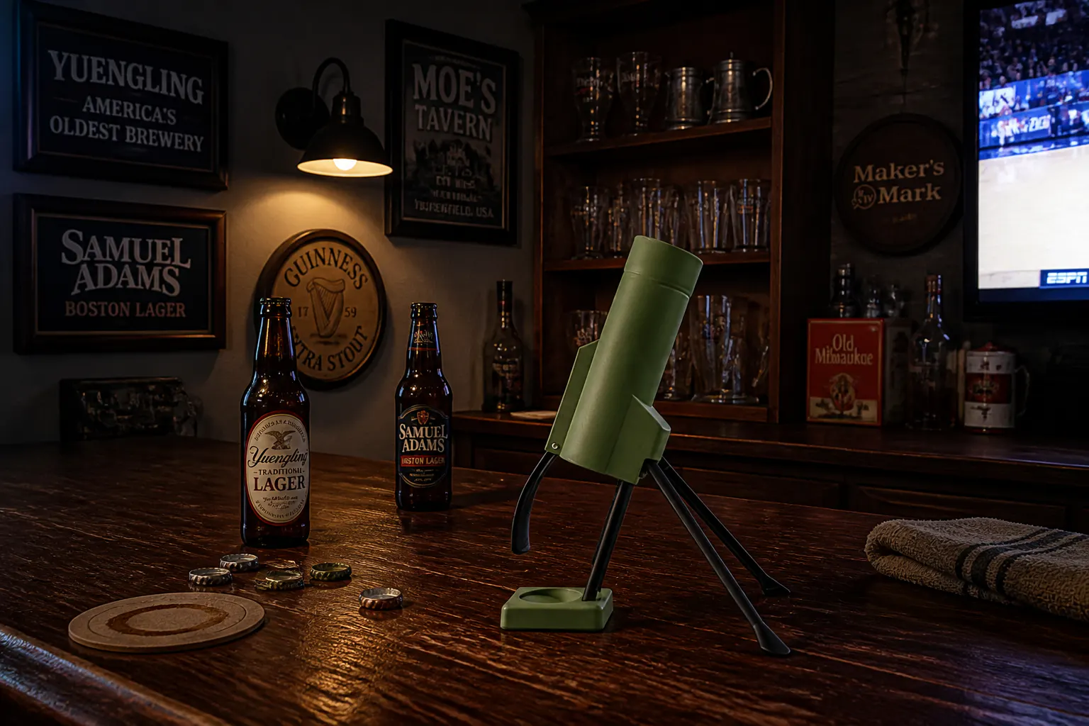 Mortar Bottle Opener Launcher on the bar top, cap mid-launch