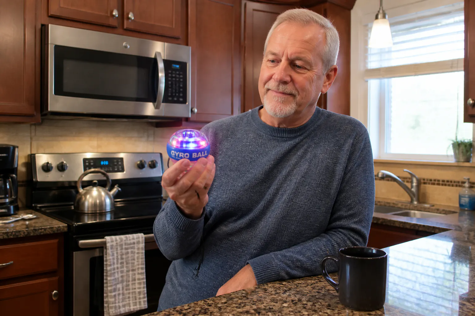 Older adult using the Torque Ball for hand strength