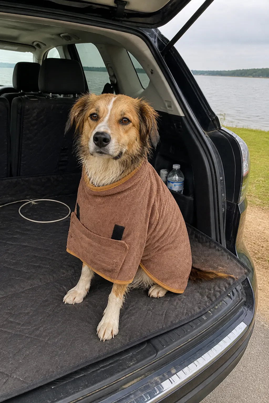 Dog wrapped in the robe warm and dry in the back of a car after the lake