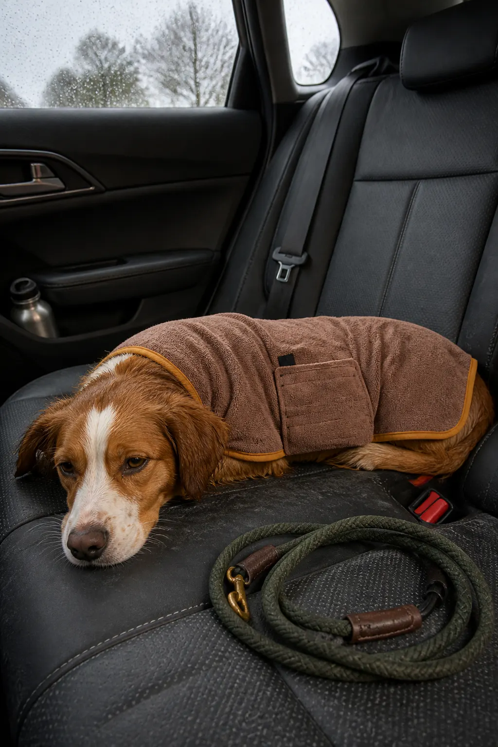 Dog in the robe resting on a dry couch after a rainy walk