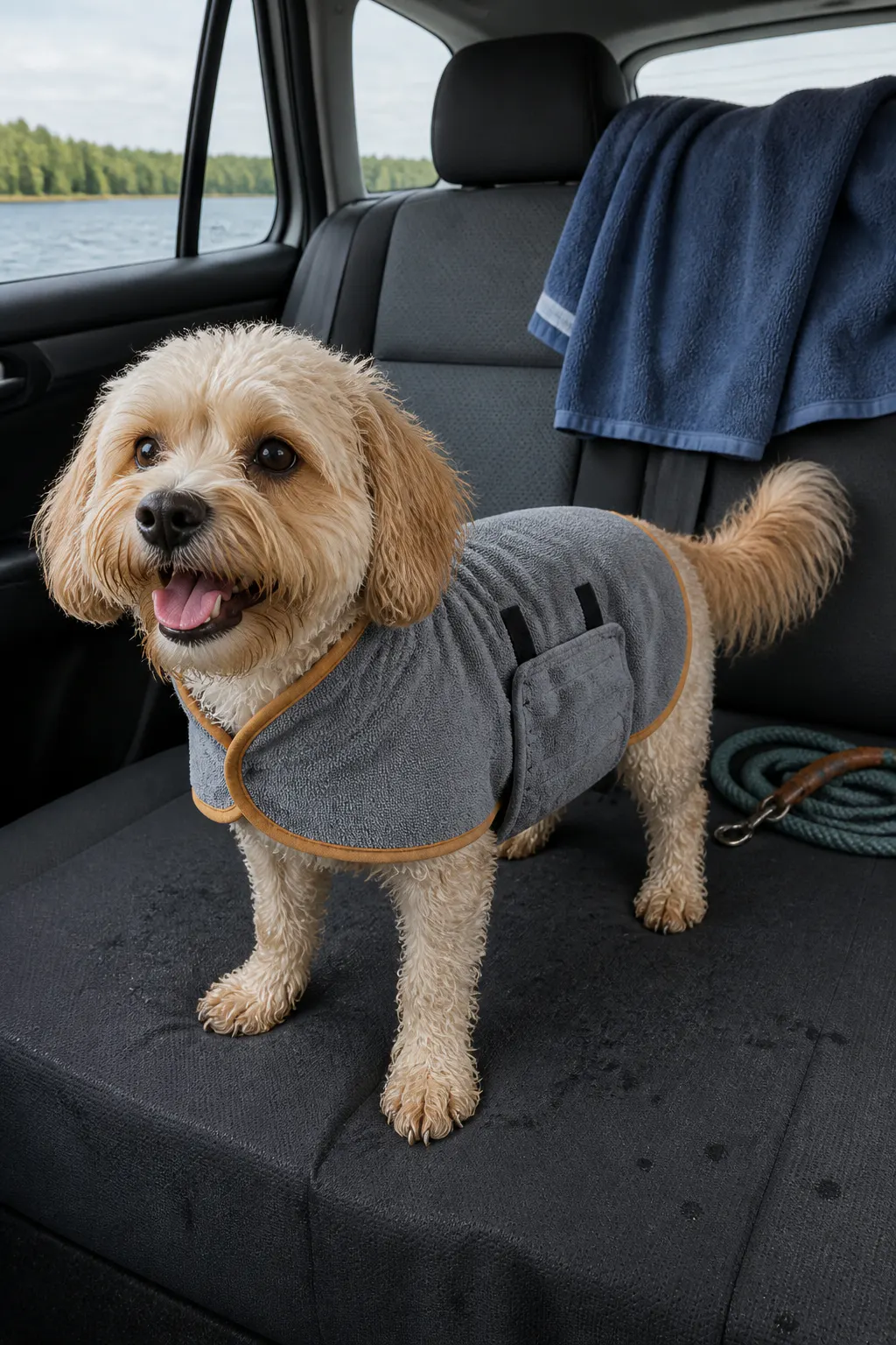 Freshly bathed dog settled calmly in the robe on a bath mat