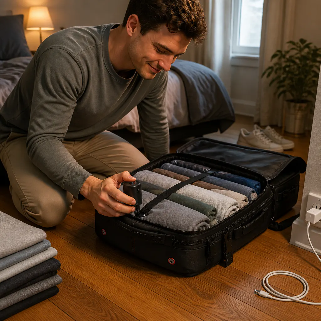 Vacuum travel bag with clothes compressing flat