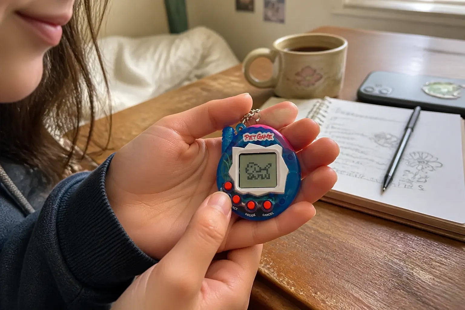 A hand holding the virtual pet keychain, a toy you recognise from childhood