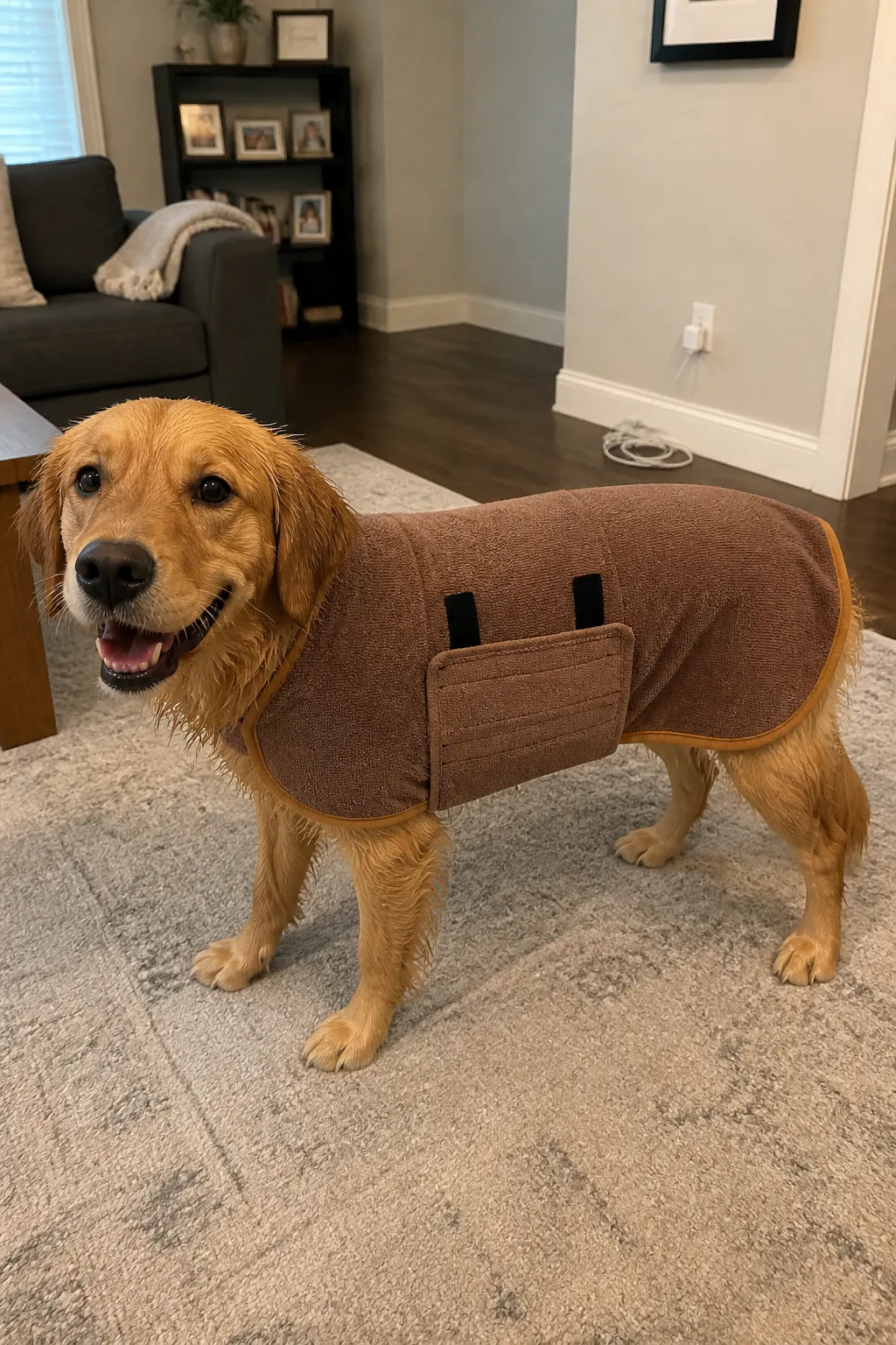 A well-fitted dog wearing the snug green Ventra robe