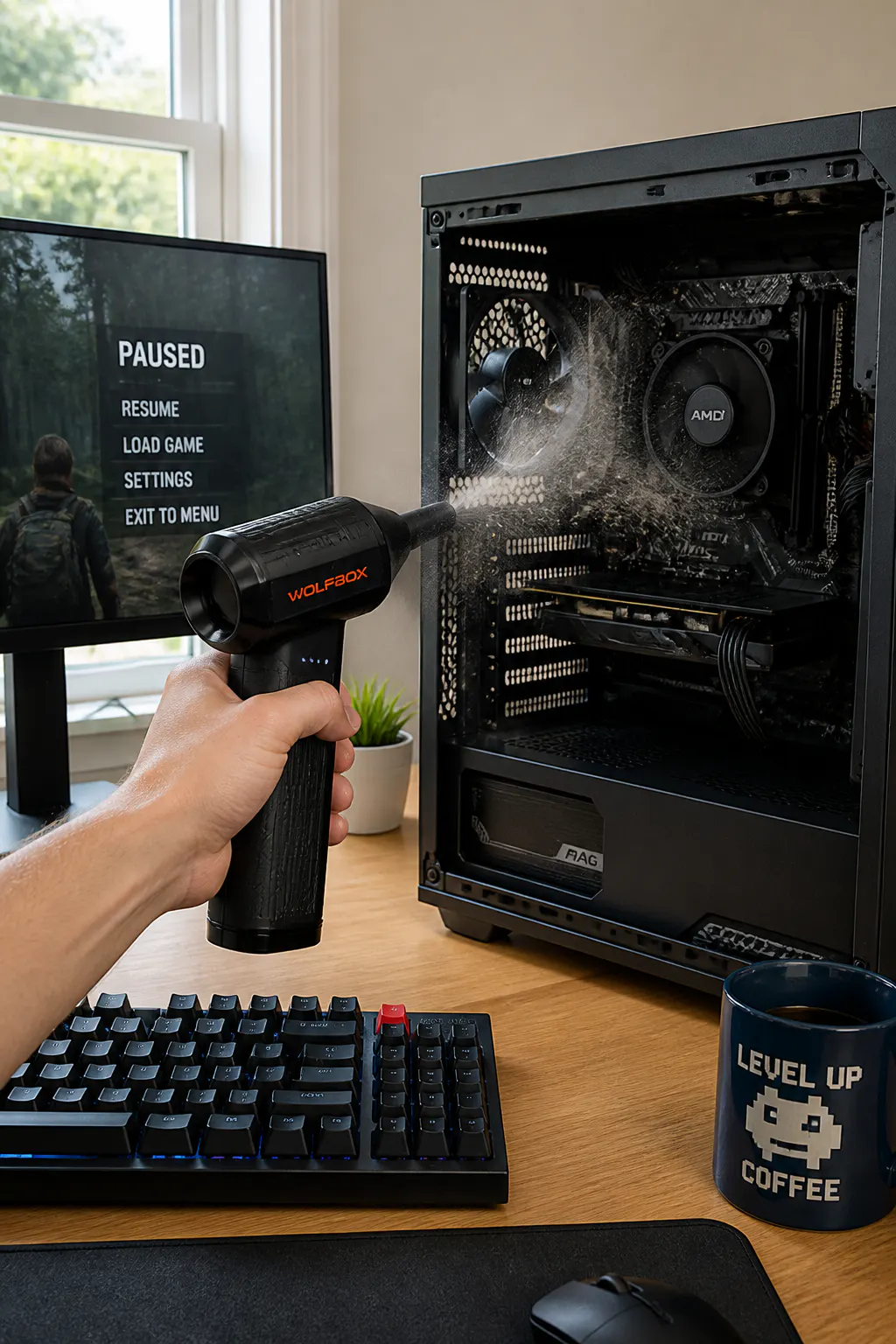 Compressed air duster blowing dust off a PC fan