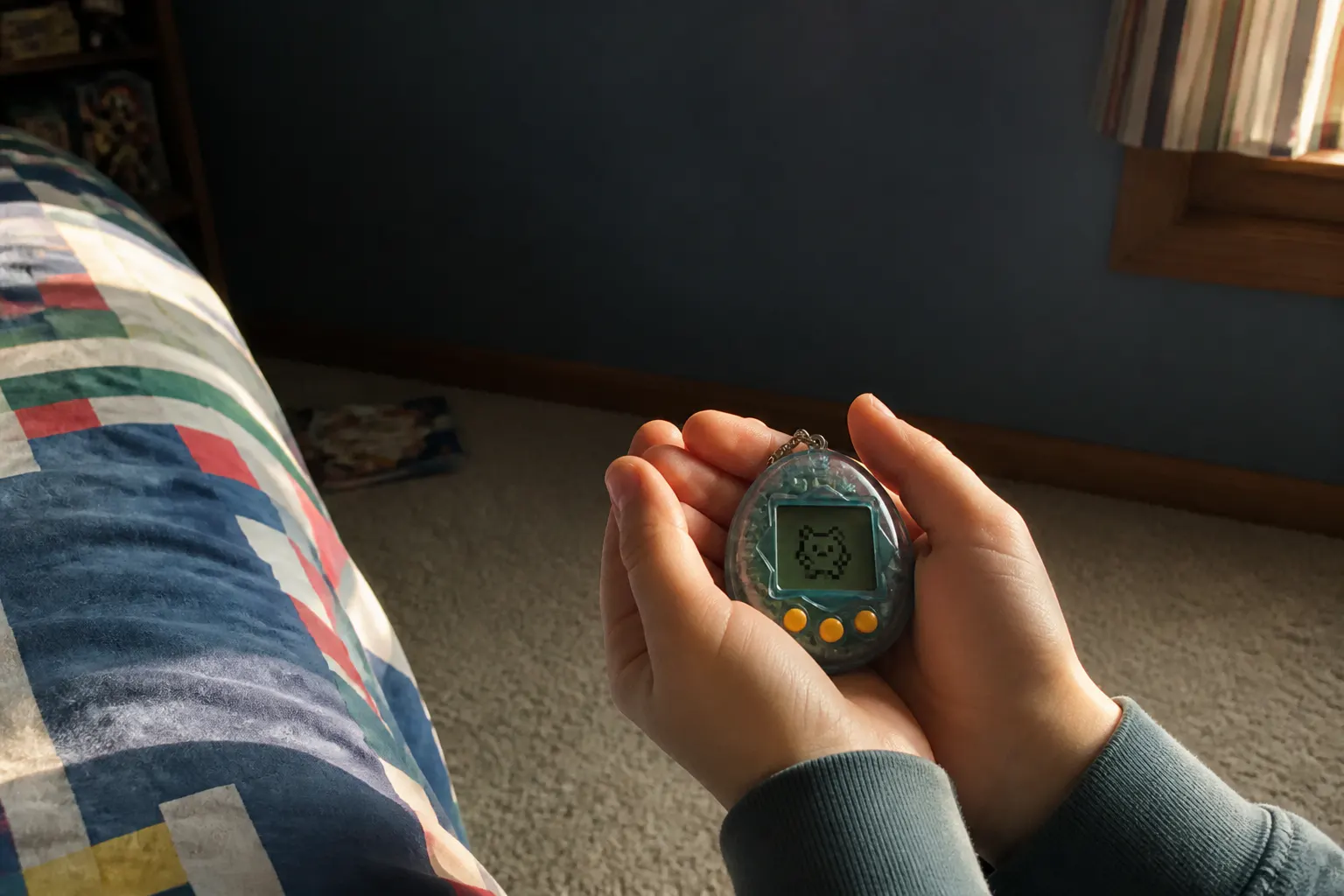 A virtual pet keychain clipped to keys, pixel pet alive on screen