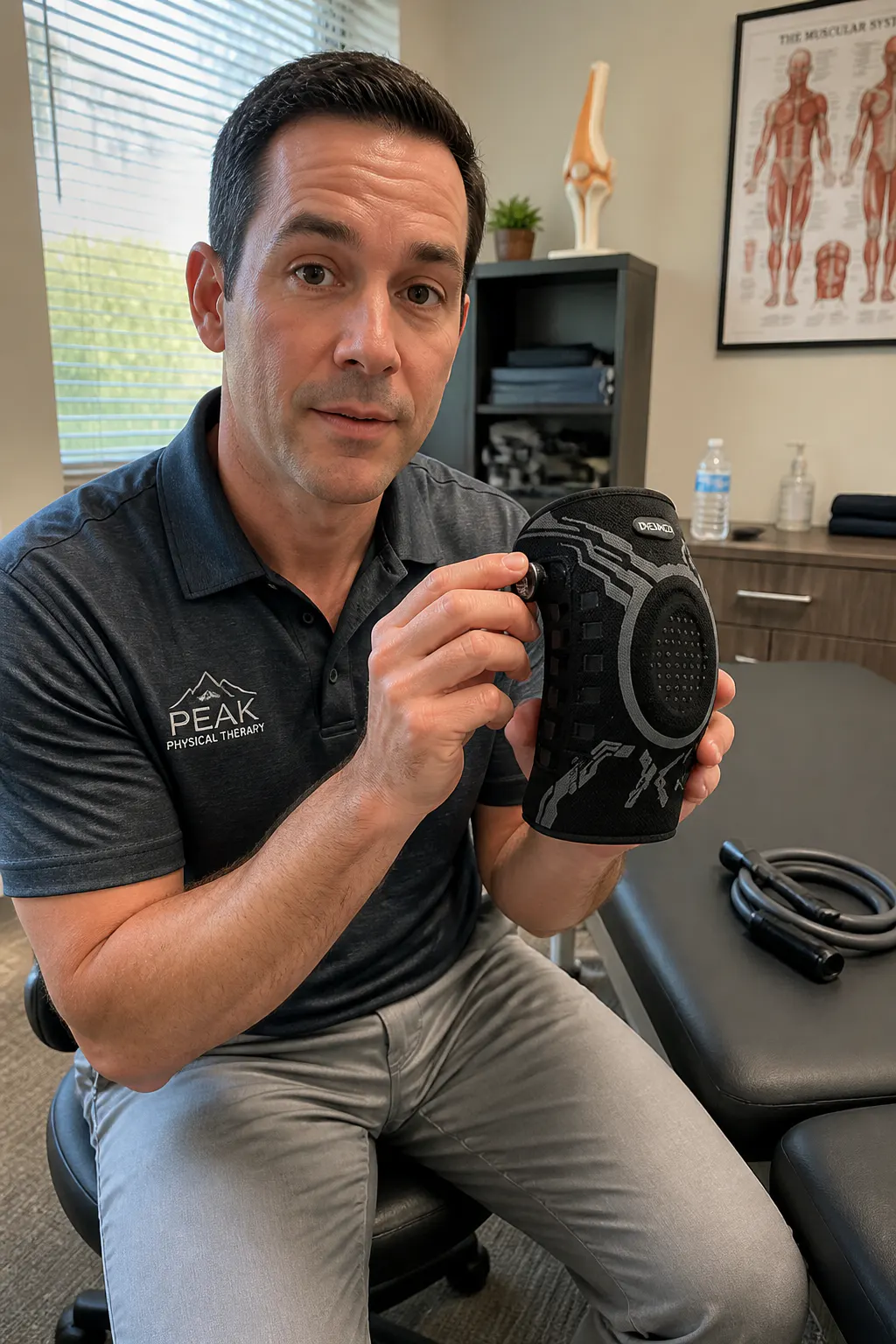 Physical therapist holding the knee brace