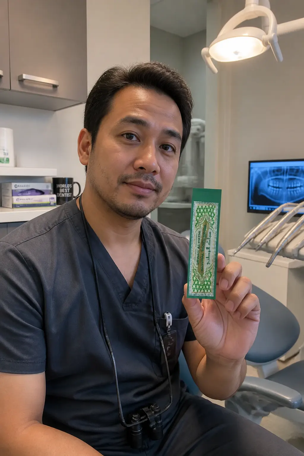 A board-certified dentist presenting a natural miswak stick in a clinical setting