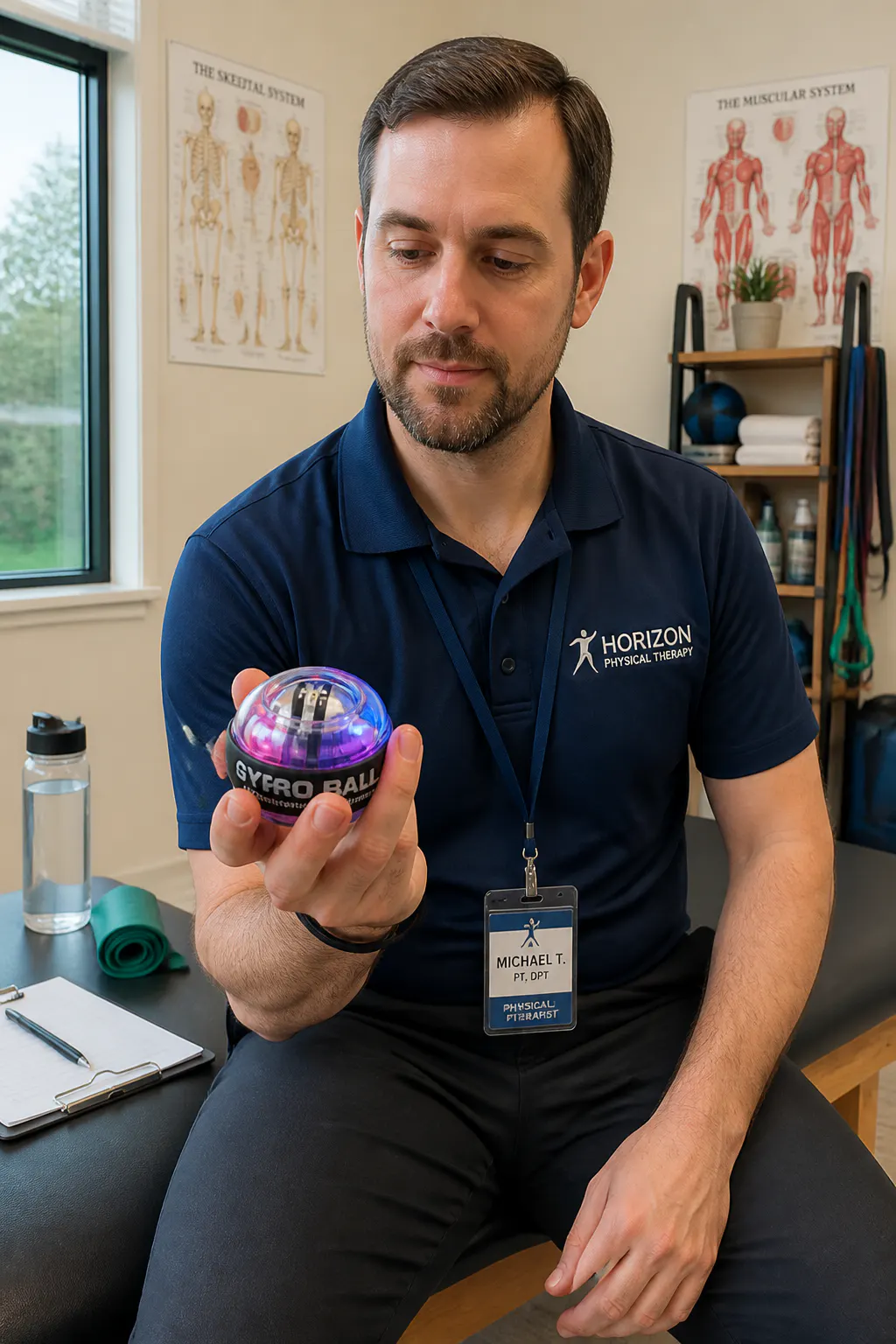 A physical therapist holding a gyroscopic wrist ball in a clinic setting