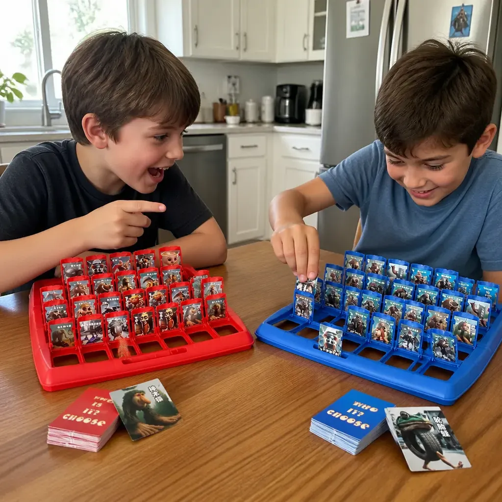 Two kids playing the brainrot guessing game head-to-head across a table