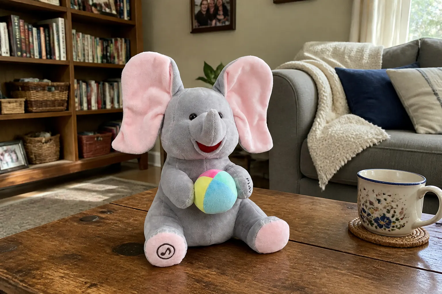 A well-loved elephant plush still flapping after years of daily hugs