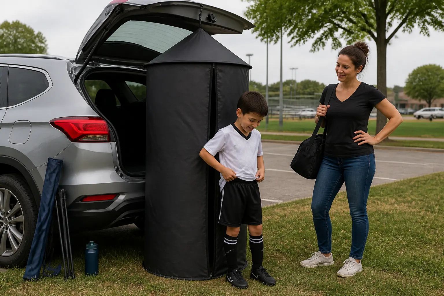 A parent at the open car hatch with the changing tent clipped and sealed, a freshly-changed kid stepping out calm