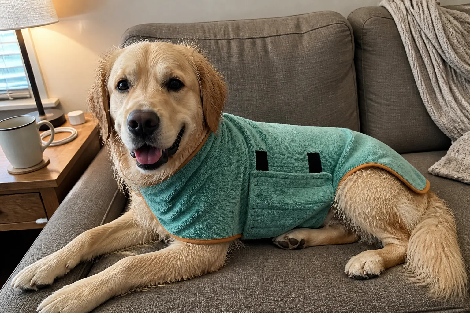 Thick-coated dog wrapped in the robe drying comfortably