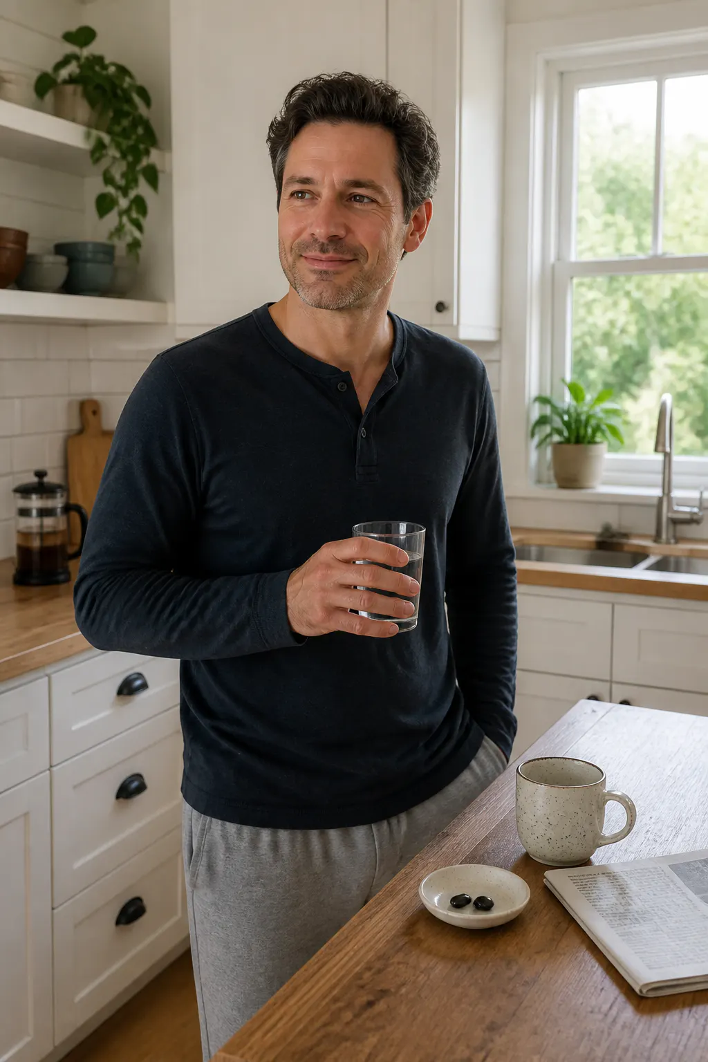 Maca bottle and capsules on a calm morning kitchen counter