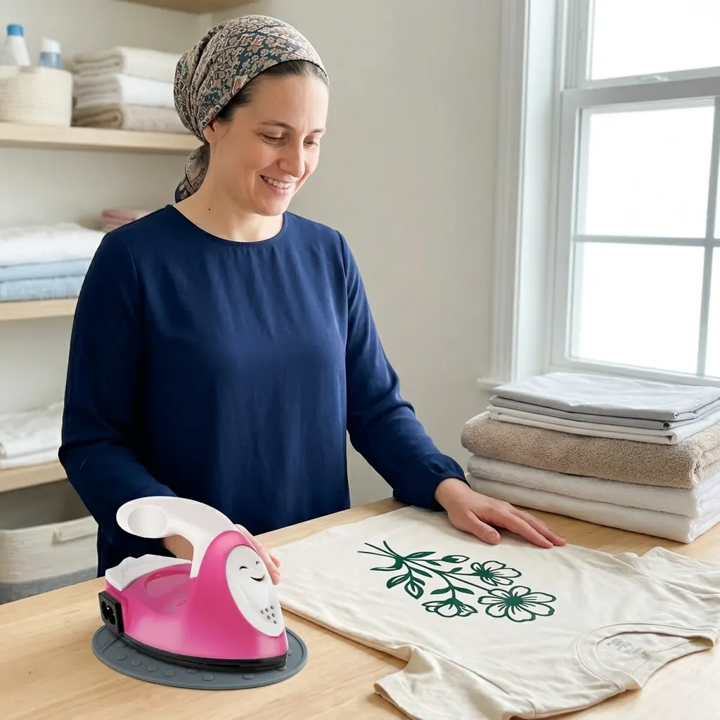 Mini Craft Heat Press Iron finishing a personalized iron-on project