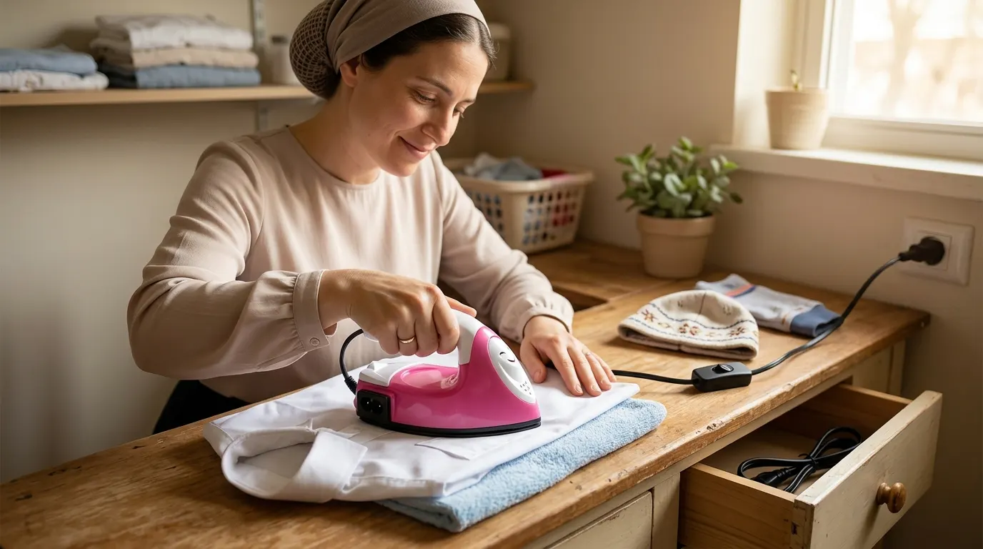 Crafter pressing a design onto a sleeve in a small home craft space