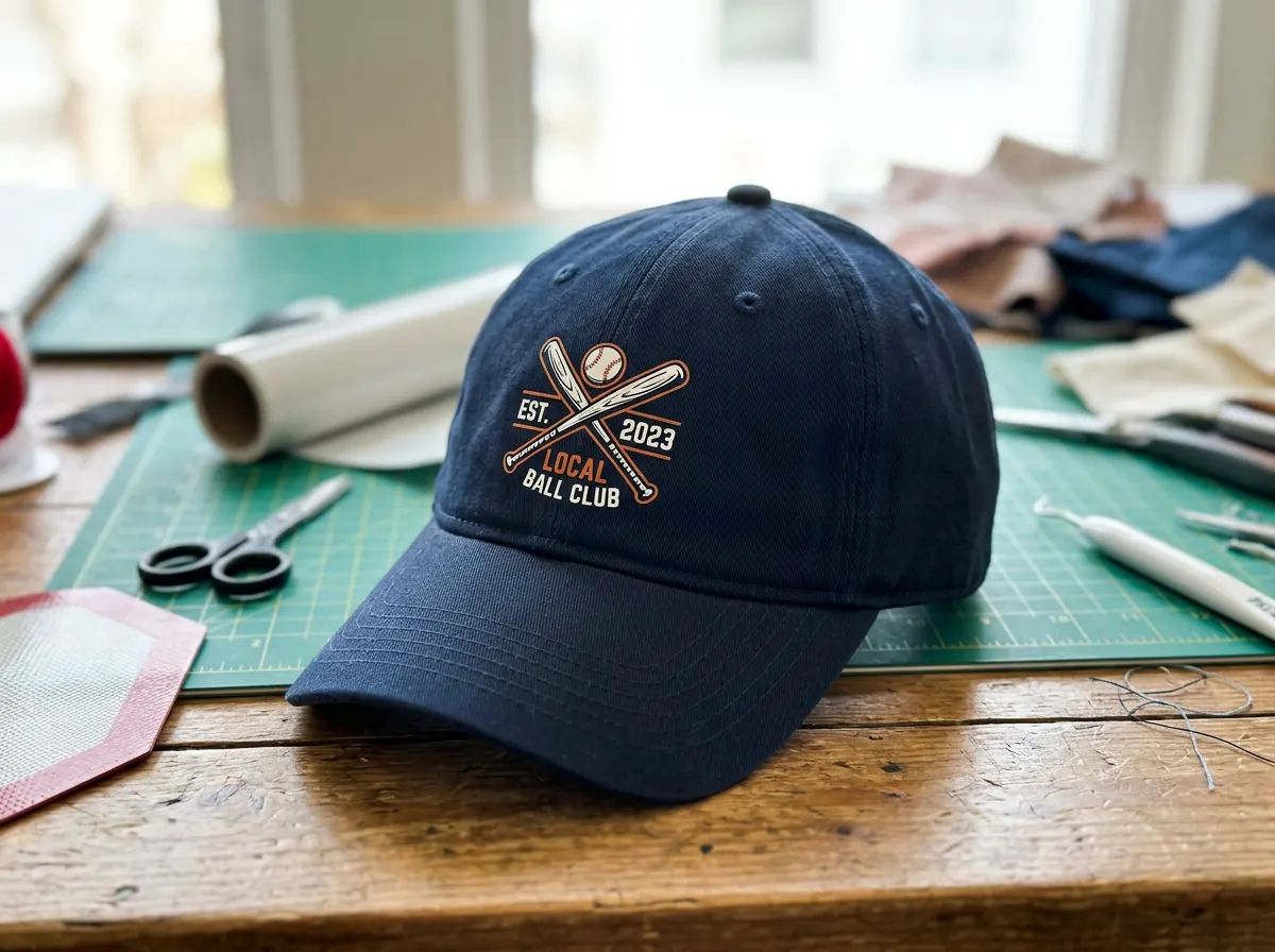 Design pressed onto a curved hat front