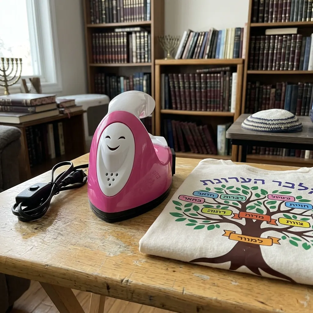 Mini craft press on a craft table with finished iron-on patches