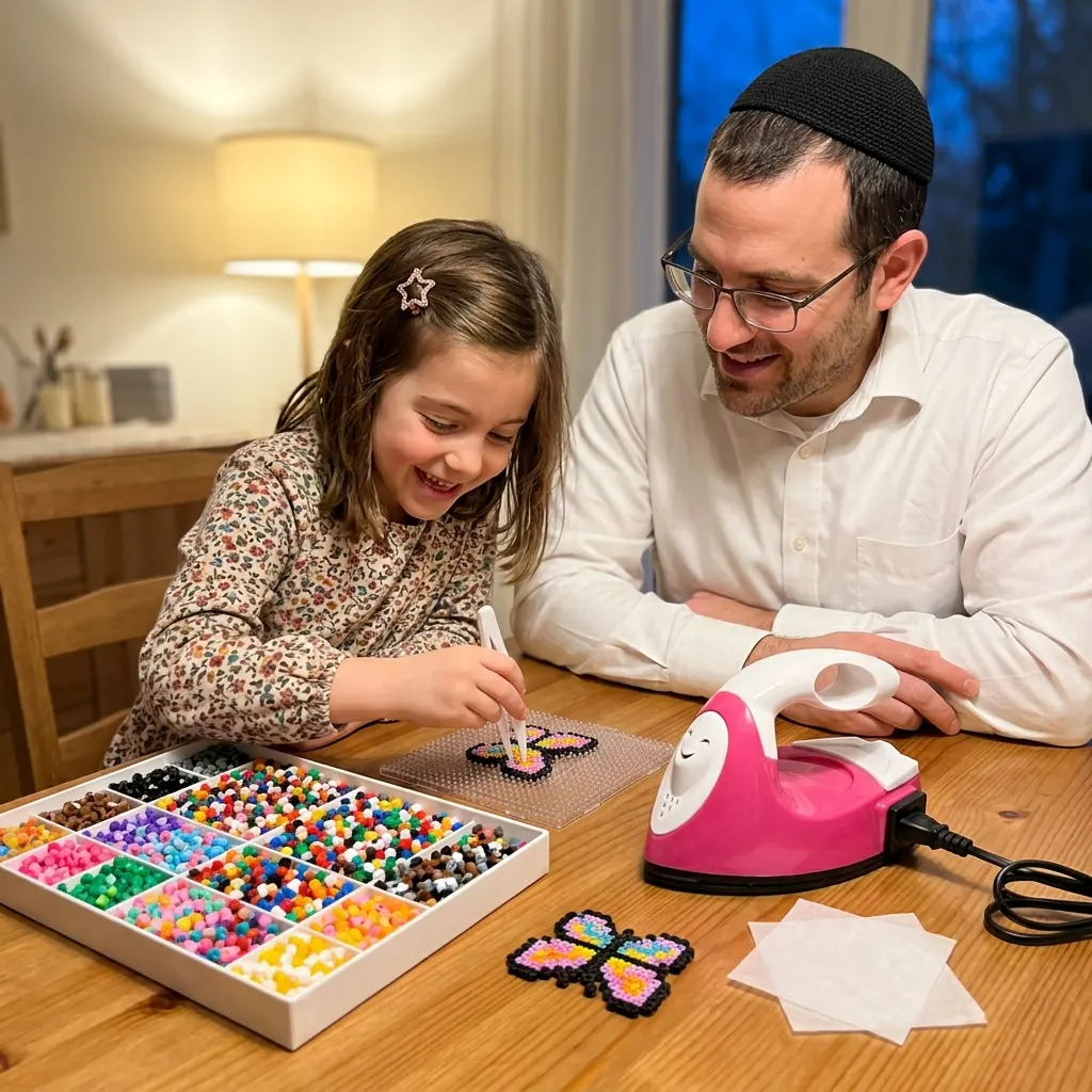 A fused perler bead project on a craft table