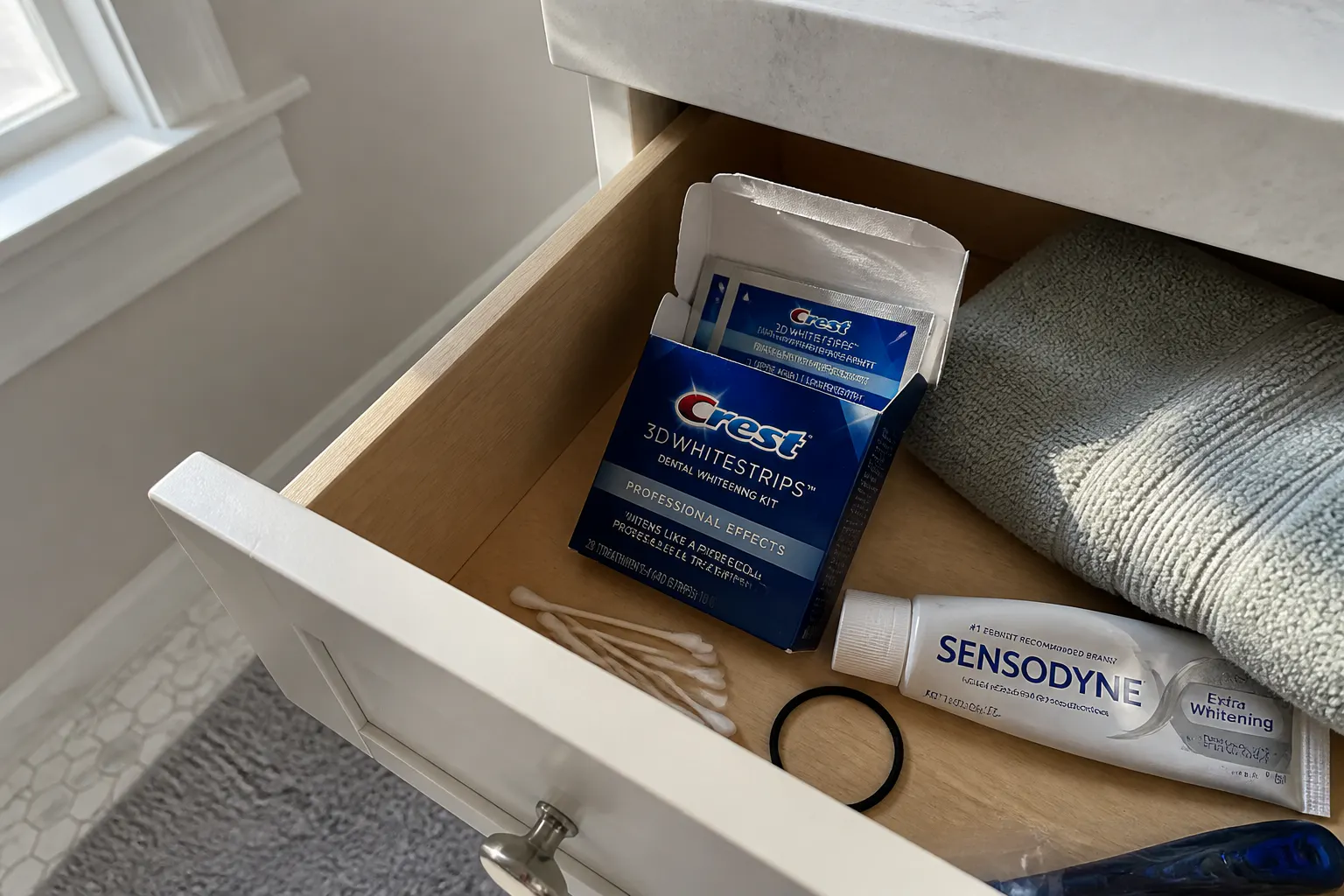 Half-used whitening strips box abandoned in a bathroom drawer