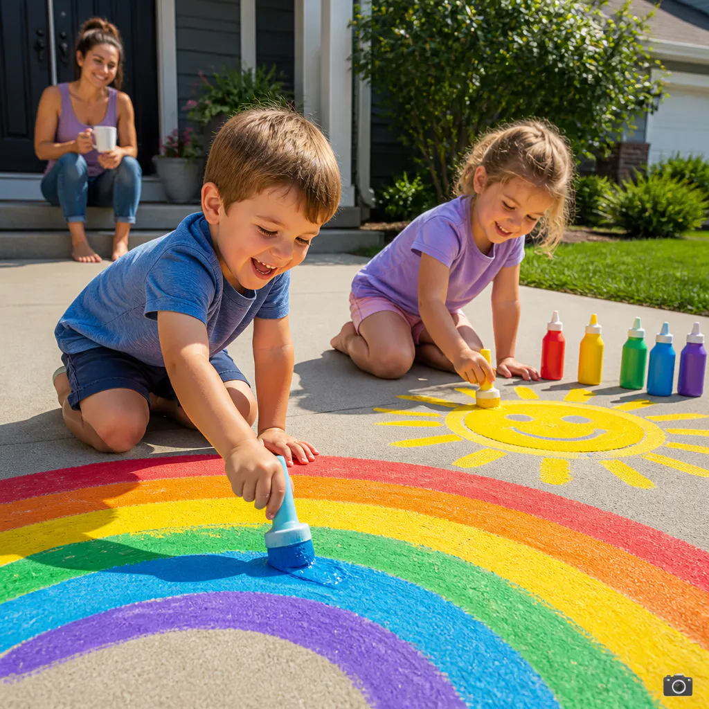 Happy kids painting a driveway with colorful chalk paint while mom relaxes nearby