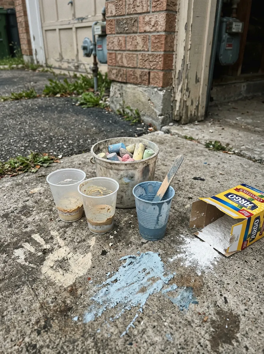 A messy kitchen counter with a failed DIY chalk paint attempt - cornstarch, cups, and spills