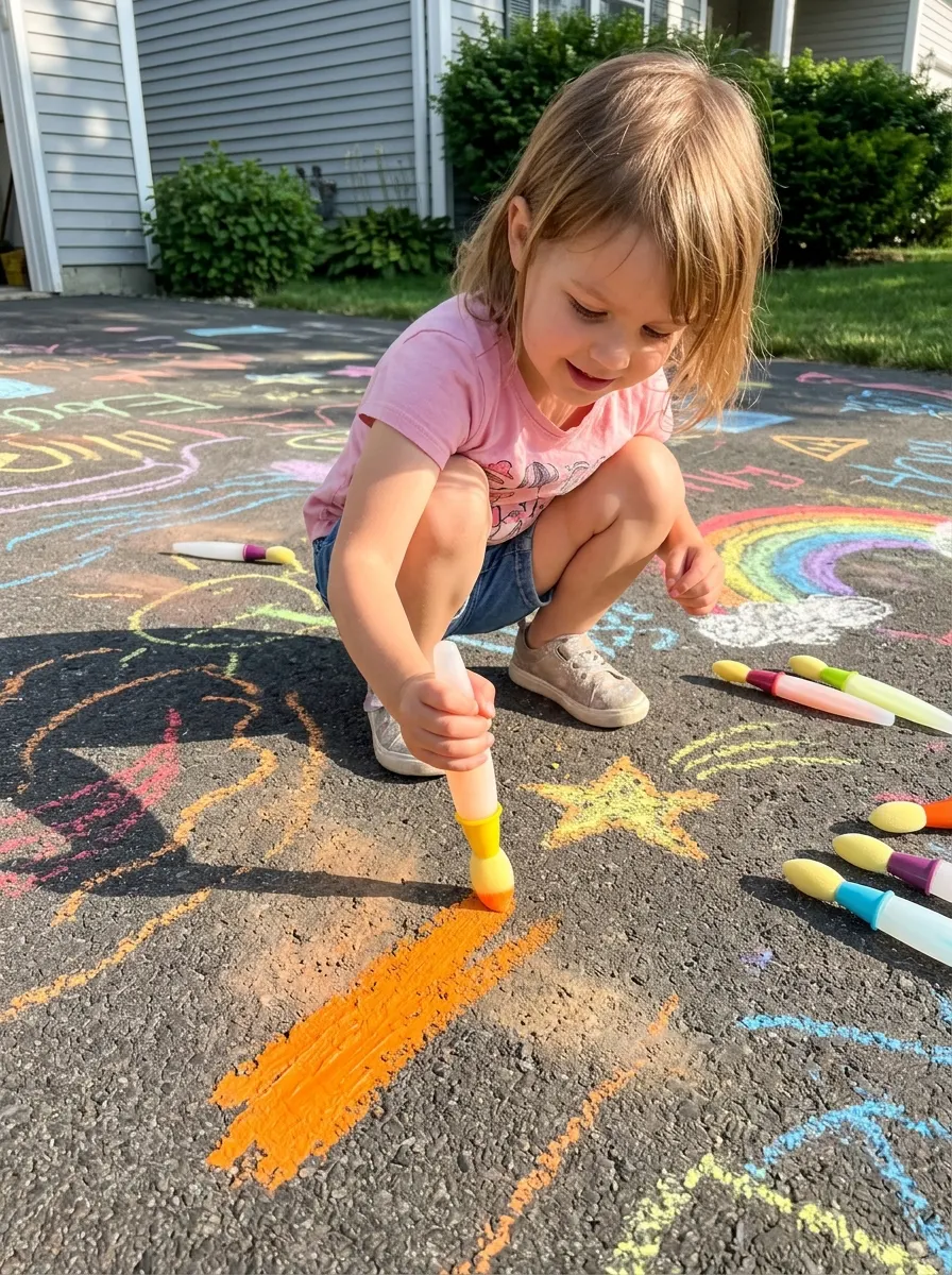 A happy child painting a bright rainbow on the driveway