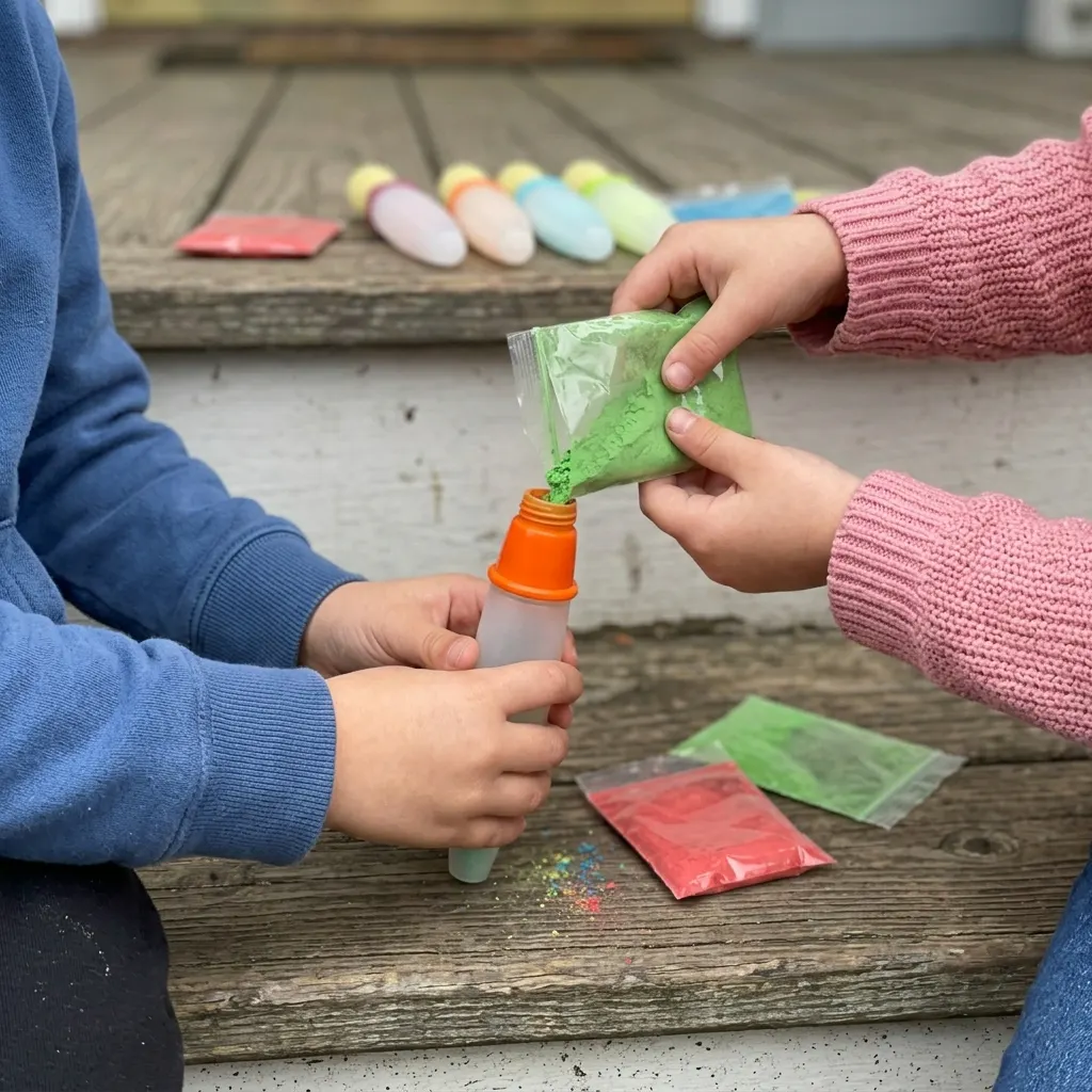 Two siblings filling chalk paint brushes at the outdoor tap