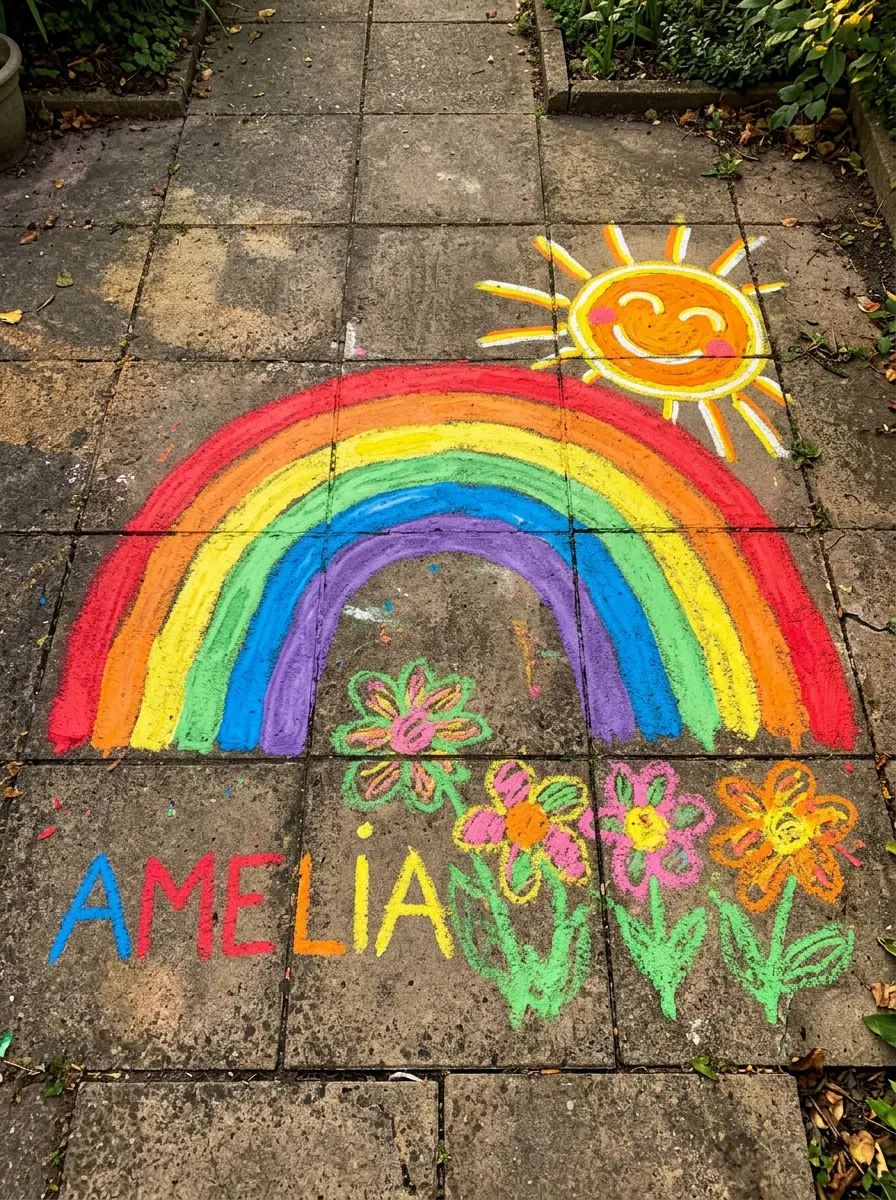 A driveway covered in bright, colorful chalk paint art made by kids
