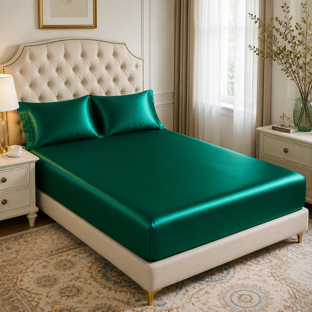 Emerald satin bed styled like a boutique hotel