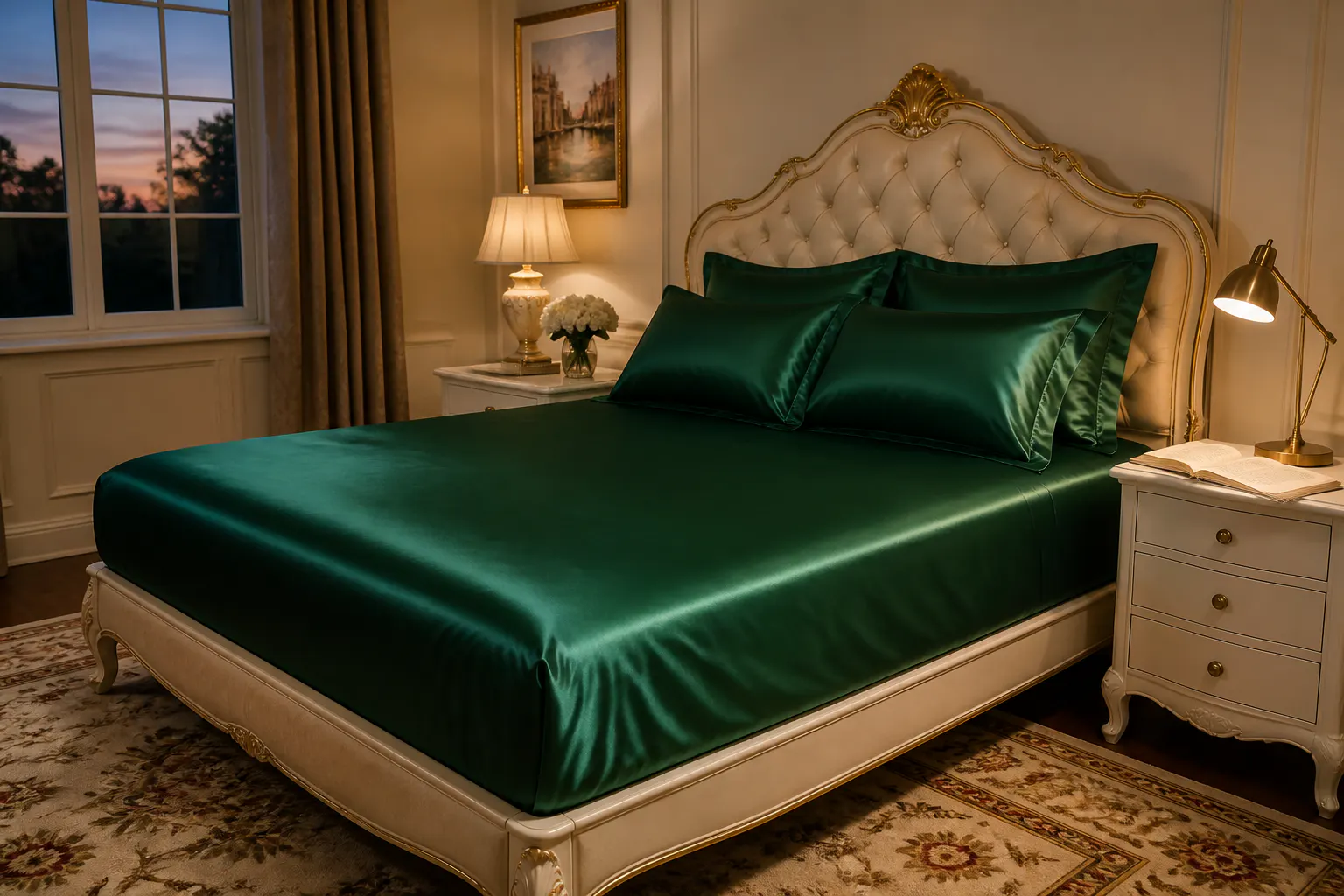 A woman relaxing on her freshly made emerald satin bed at night
