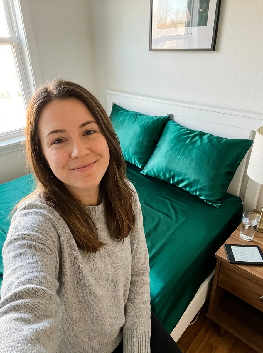 Customer photo of an emerald satin bed